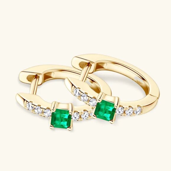 14K Gold 2ct Green Emerald 1ct Diamond Womens Huggie Hoop Gemstone Earrings NEW - Picture 5 of 6